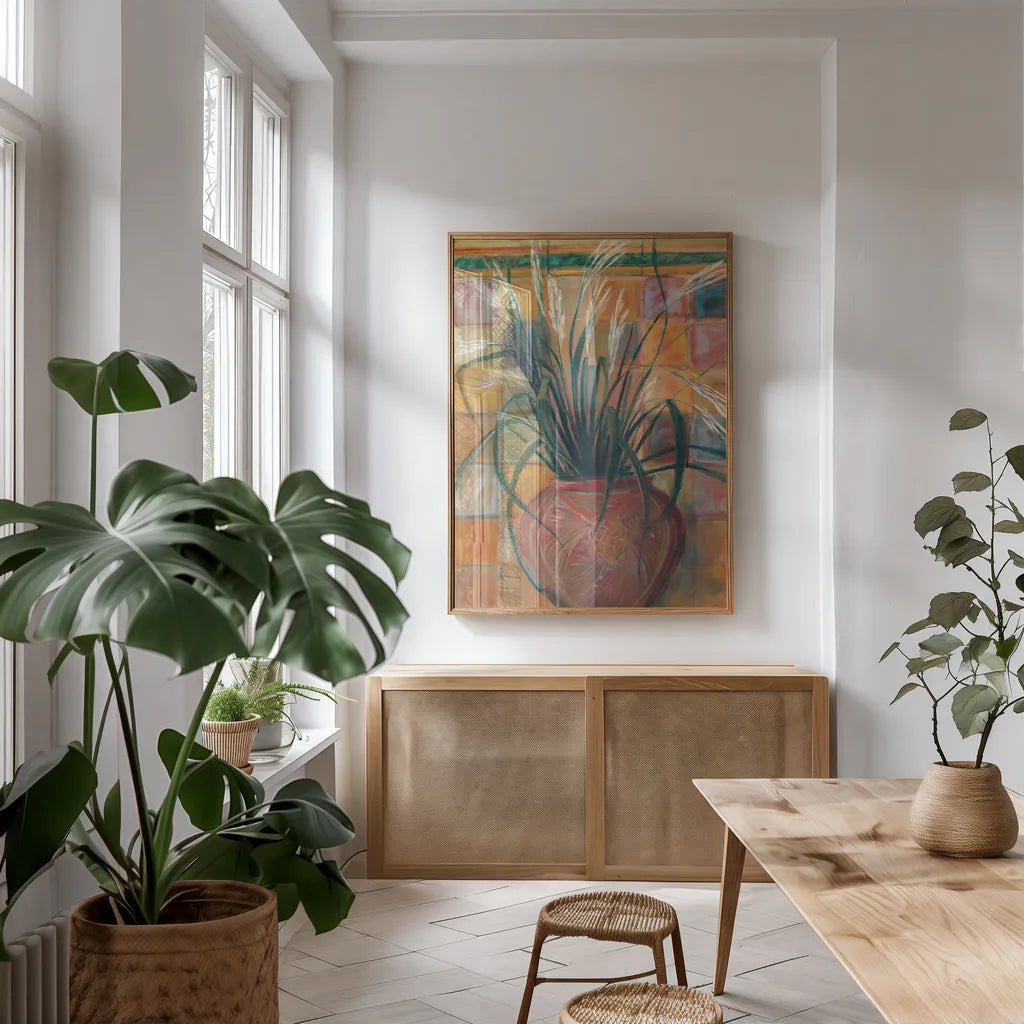 Grasses in Red Vase by Carol Rowan. shown as a print in a natural wood frame in a dining room. Available as a archival giclee rolled canvas, fine art paper, or poster print. SKU 7934h.