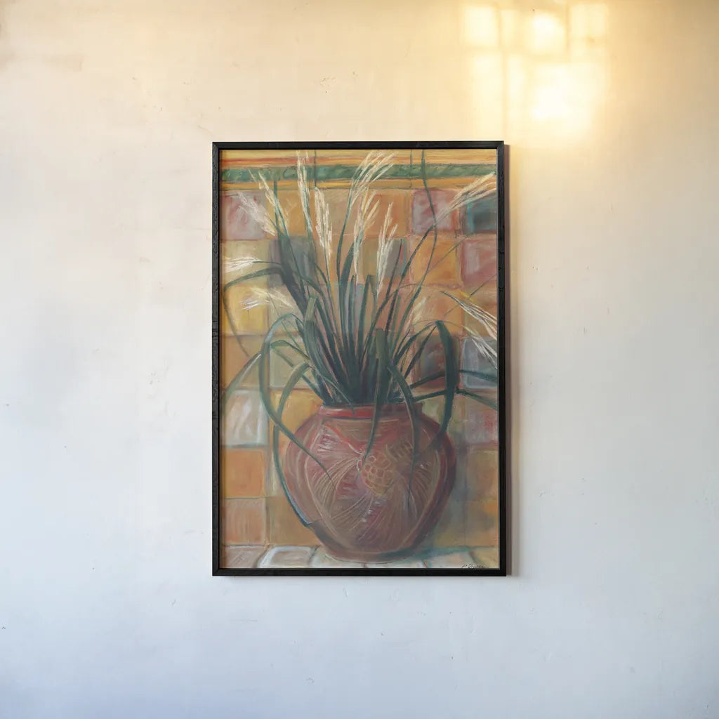 Grasses in Red Vase by Carol Rowan. shown as a paper print in a black flame. Available as a archival giclee rolled canvas, fine art paper, or poster print. SKU 7934h.