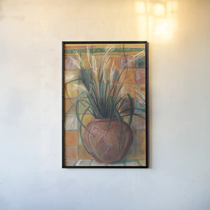 Grasses in Red Vase by Carol Rowan. shown as a paper print in a black flame. Available as a archival giclee rolled canvas, fine art paper, or poster print. SKU 7934h.