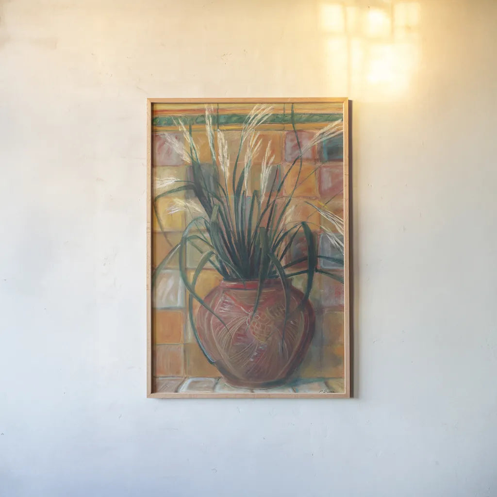 Grasses in Red Vase by Carol Rowan. shown as a paper print in a natural frame. Available as a archival giclee rolled canvas, fine art paper, or poster print. SKU 7934h.