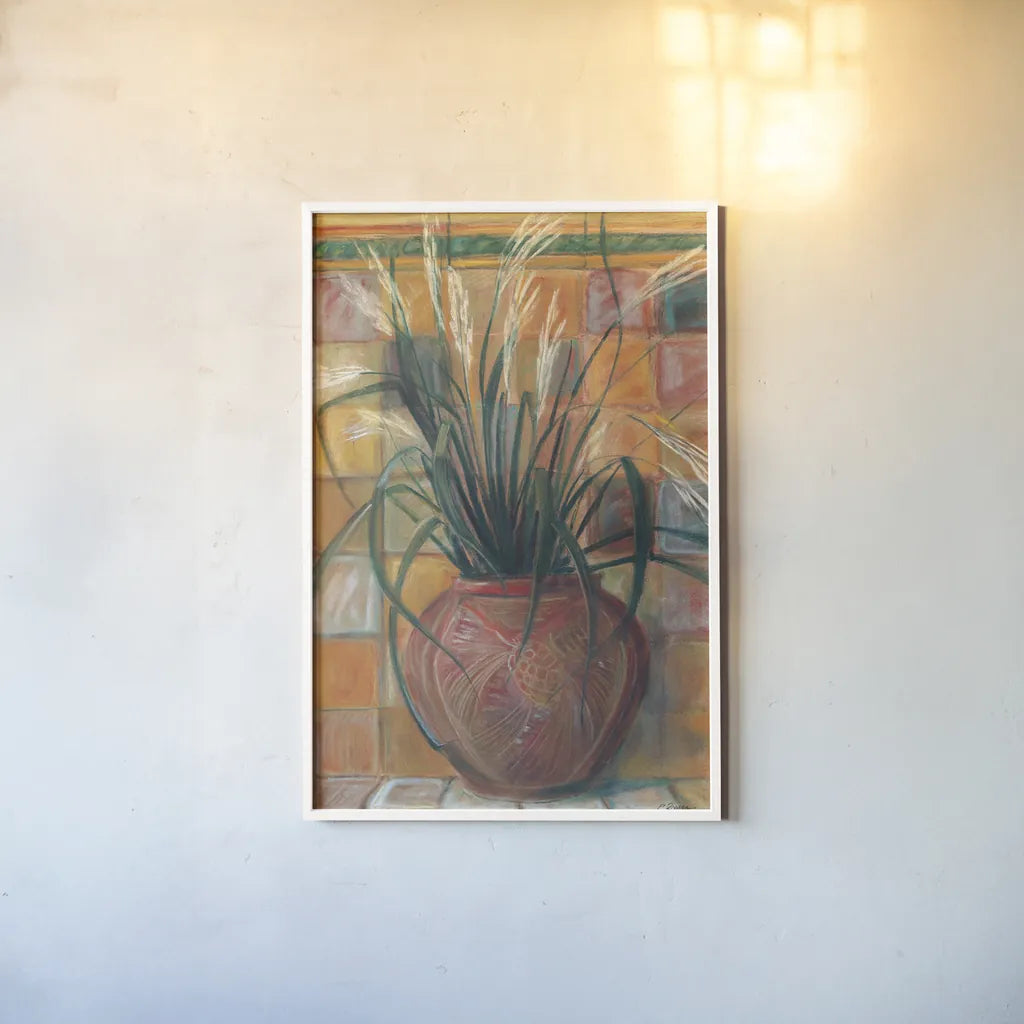 Grasses in Red Vase by Carol Rowan. shown as a paper print in a white frame. Available as a archival giclee rolled canvas, fine art paper, or poster print. SKU 7934h.