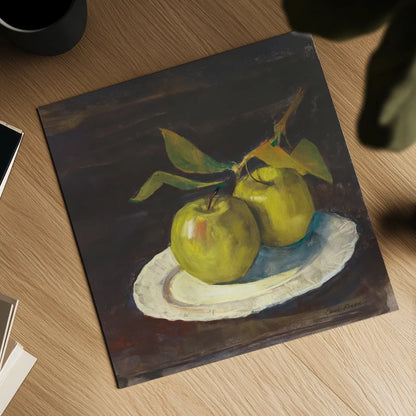 Green Apple I Dark Brown by Carol Rowan. Shown as a detailed flat fine art print, highlighting archival giclee quality. Available as an archival giclee rolled canvas, fine art paper, or poster print. SKU 76149a.