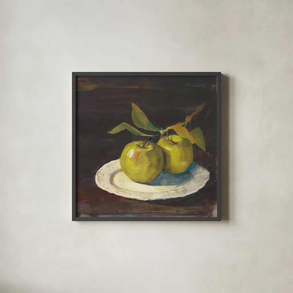 Green Apple I Dark Brown by Carol Rowan. Shown in a sleek black glass frame for a contemporary gallery look. Available as an archival giclee rolled canvas, fine art paper, or poster print. SKU 76149a.