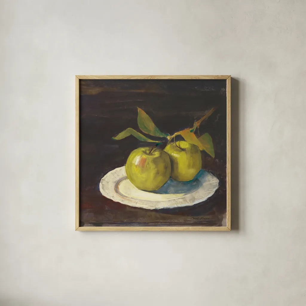 Green Apple I Dark Brown by Carol Rowan. Shown in a natural wood glass frame for a timeless modern aesthetic. Available as an archival giclee rolled canvas, fine art paper, or poster print. SKU 76149a.