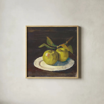Green Apple I Dark Brown by Carol Rowan. Shown in a natural wood glass frame for a timeless modern aesthetic. Available as an archival giclee rolled canvas, fine art paper, or poster print. SKU 76149a.