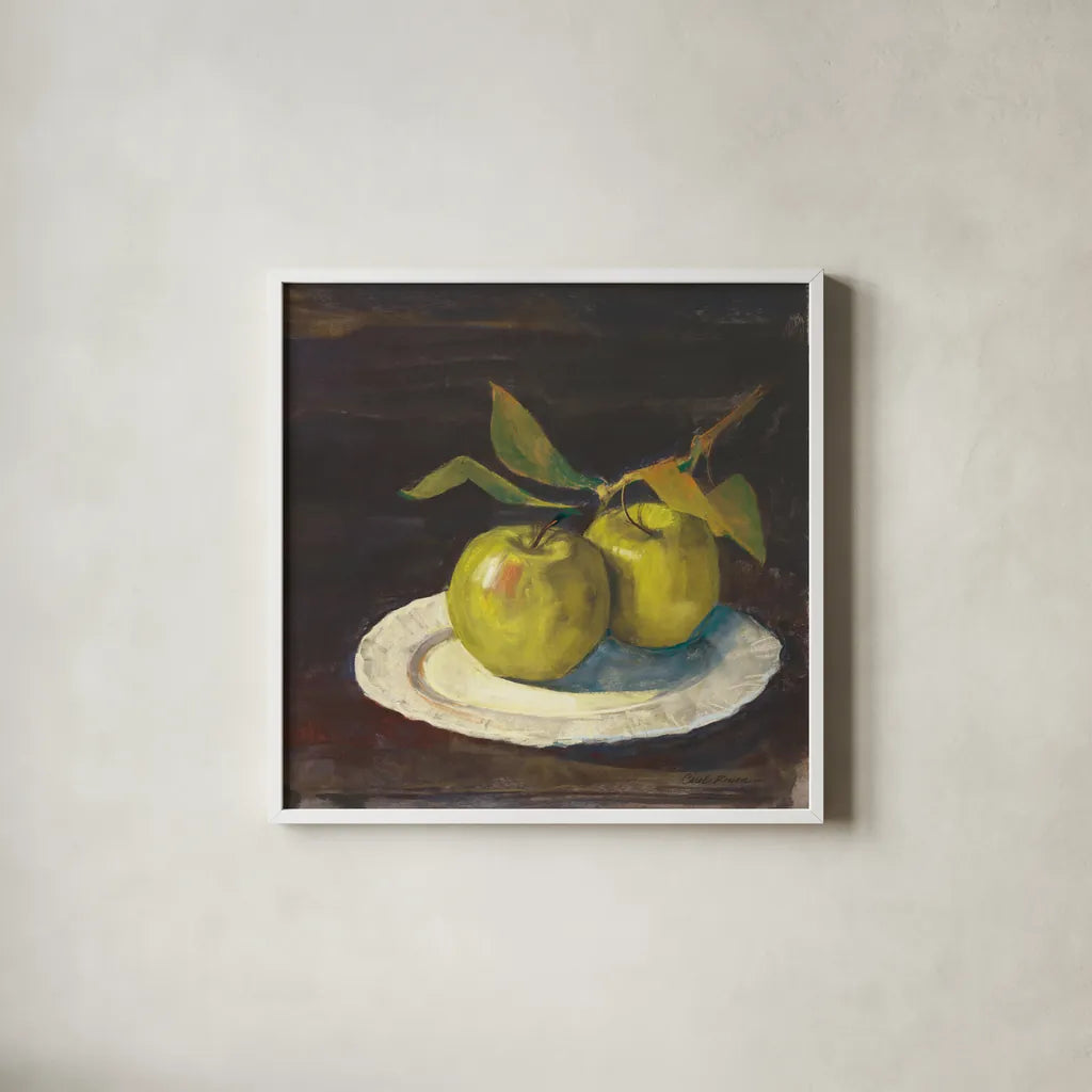 Green Apple I Dark Brown by Carol Rowan. Shown in a crisp white glass frame for a clean and minimalist style. Available as an archival giclee rolled canvas, fine art paper, or poster print. SKU 76149a.