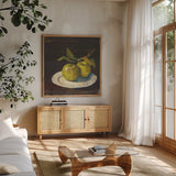Green Apple I Dark Brown by Carol Rowan. Shown in a natural wood frame in a cozy modern living room. Available as an archival giclee rolled canvas, fine art paper, or poster print. SKU 76149a.