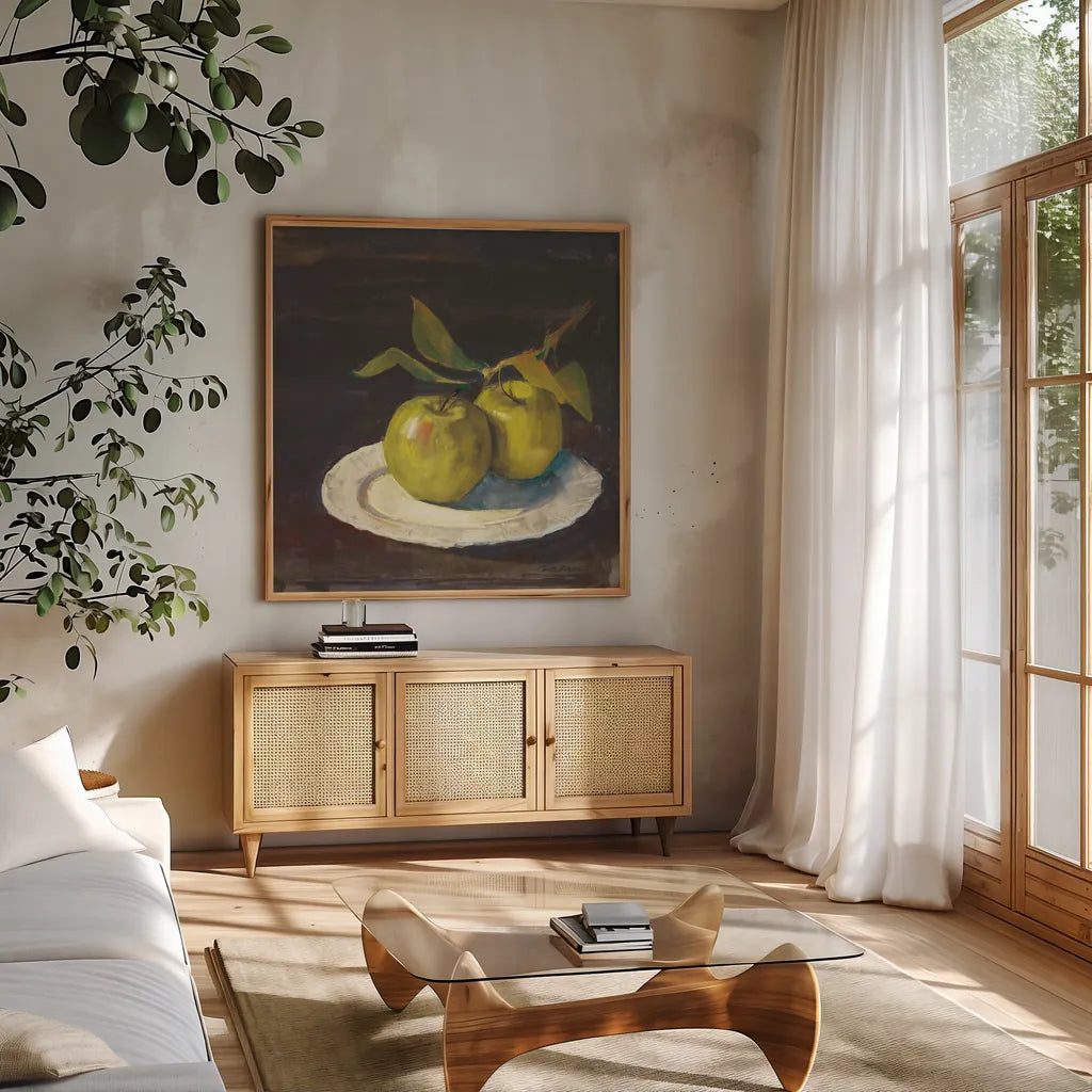 Green Apple I Dark Brown by Carol Rowan. Shown in a natural wood frame in a cozy modern living room. Available as an archival giclee rolled canvas, fine art paper, or poster print. SKU 76149a.