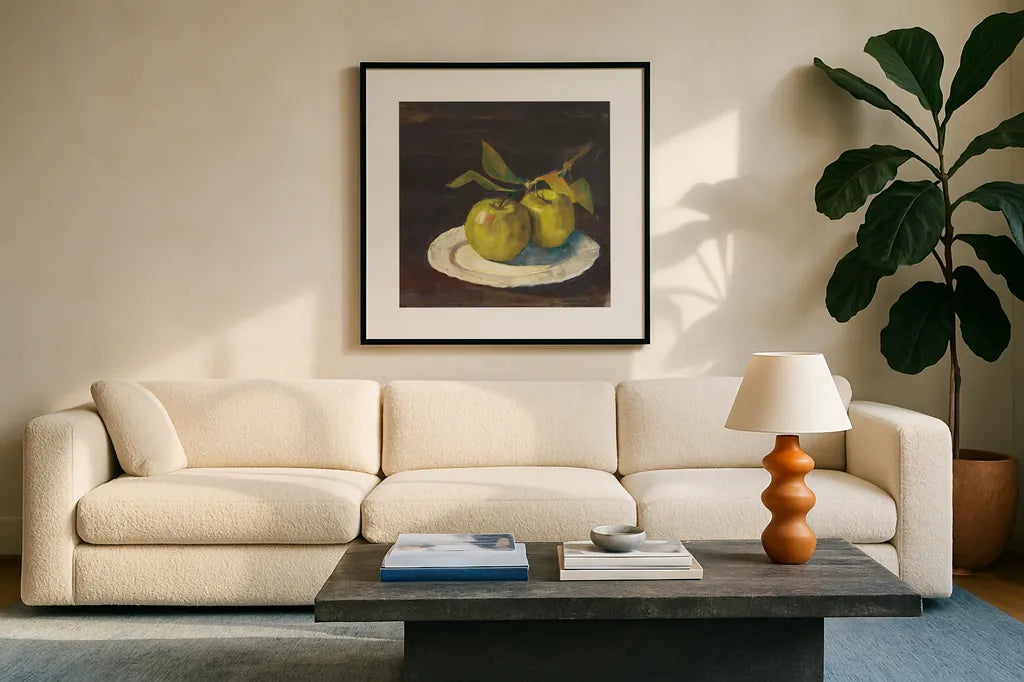 Green Apple I Dark Brown by Carol Rowan. Displayed in a glass frame with matte in a clean modern living room. Available as an archival giclee rolled canvas, fine art paper, or poster print. SKU 76149a.