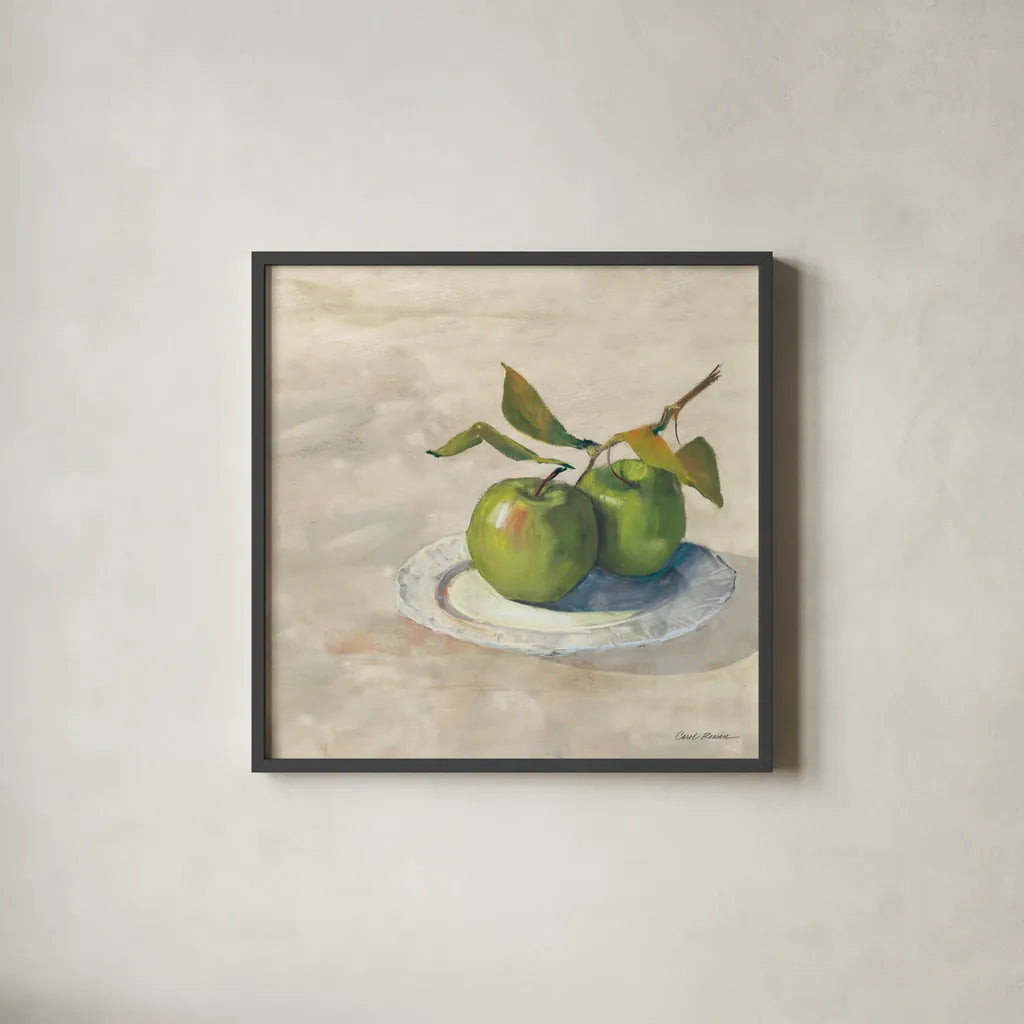 Green Apple I Neutral by Carol Rowan. Shown in a sleek black glass frame for a contemporary gallery look. Available as an archival giclee rolled canvas, fine art paper, or poster print. SKU 65554a.