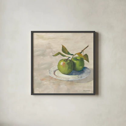 Green Apple I Neutral by Carol Rowan. Shown in a sleek black glass frame for a contemporary gallery look. Available as an archival giclee rolled canvas, fine art paper, or poster print. SKU 65554a.