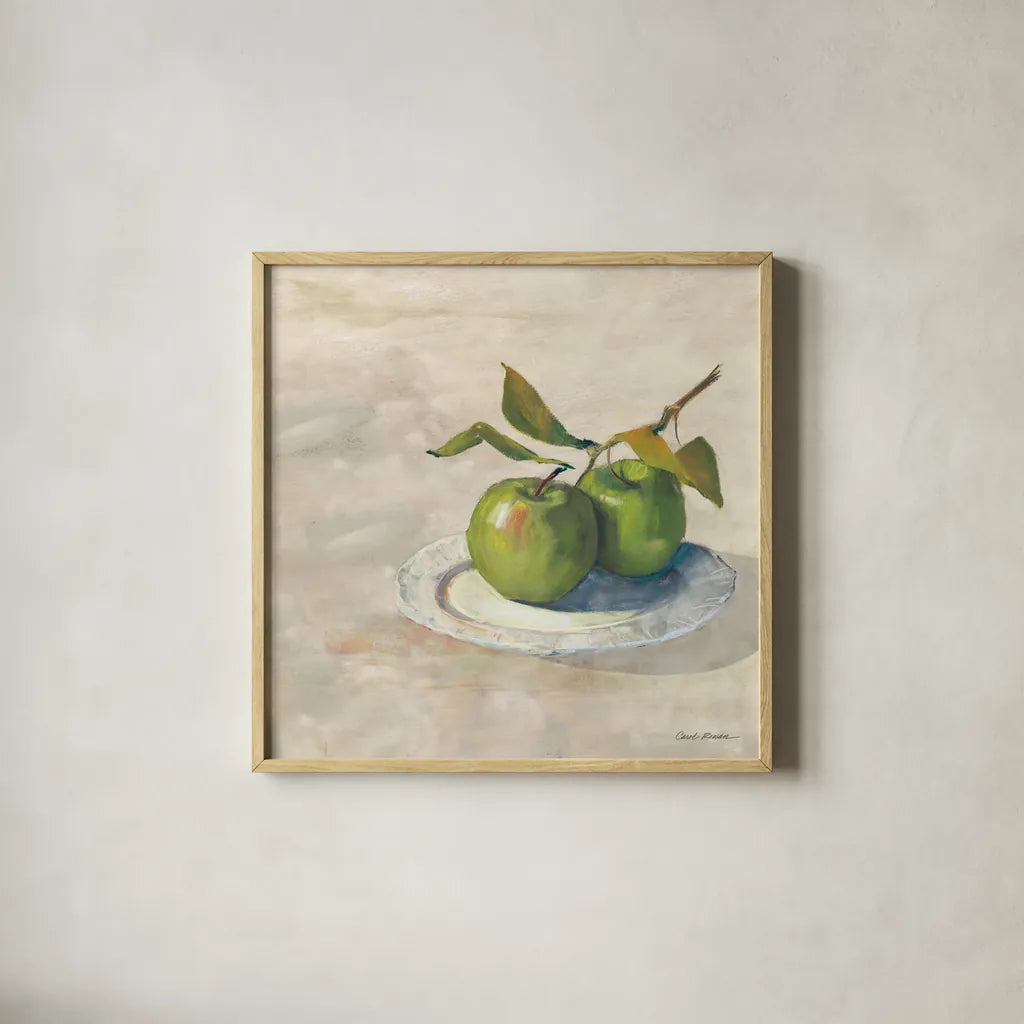 Green Apple I Neutral by Carol Rowan. Shown in a natural wood glass frame for a timeless modern aesthetic. Available as an archival giclee rolled canvas, fine art paper, or poster print. SKU 65554a.