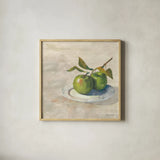 Green Apple I Neutral by Carol Rowan. Shown in a natural wood glass frame for a timeless modern aesthetic. Available as an archival giclee rolled canvas, fine art paper, or poster print. SKU 65554a.