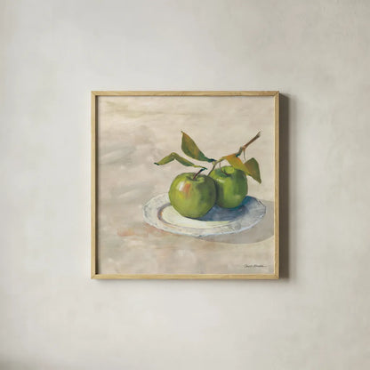 Green Apple I Neutral by Carol Rowan. Shown in a natural wood glass frame for a timeless modern aesthetic. Available as an archival giclee rolled canvas, fine art paper, or poster print. SKU 65554a.