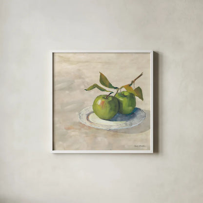 Green Apple I Neutral by Carol Rowan. Shown in a crisp white glass frame for a clean and minimalist style. Available as an archival giclee rolled canvas, fine art paper, or poster print. SKU 65554a.