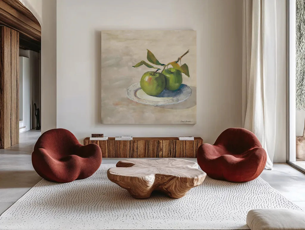 Green Apple I Neutral by Carol Rowan. Shown as extra-large giant wall art in a modern living room. Available as an archival giclee rolled canvas, fine art paper, or poster print. SKU 65554a.