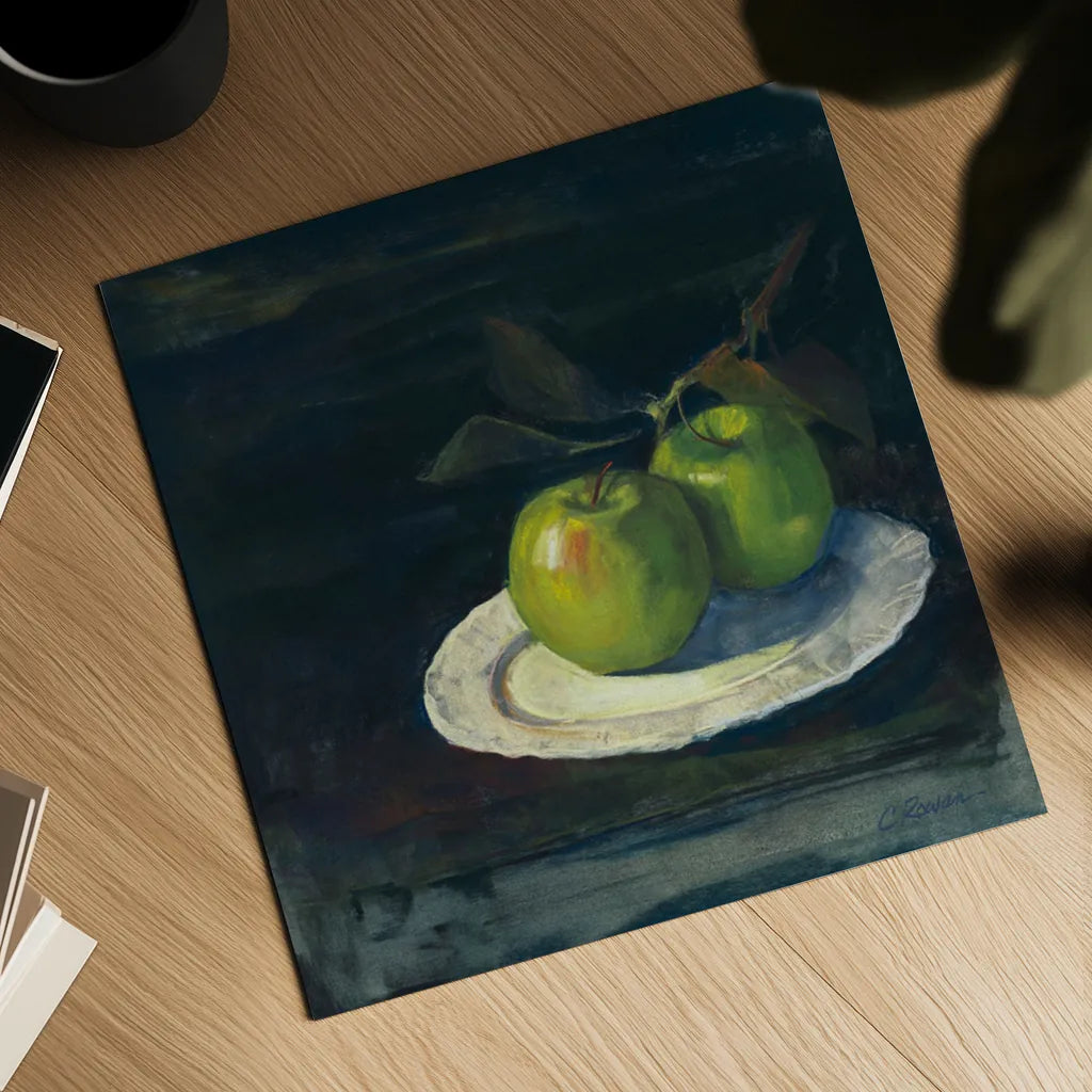 Green Apples I No Border by Carol Rowan. Shown as a detailed flat fine art print, highlighting archival giclee quality. Available as an archival giclee rolled canvas, fine art paper, or poster print. SKU 42418a.