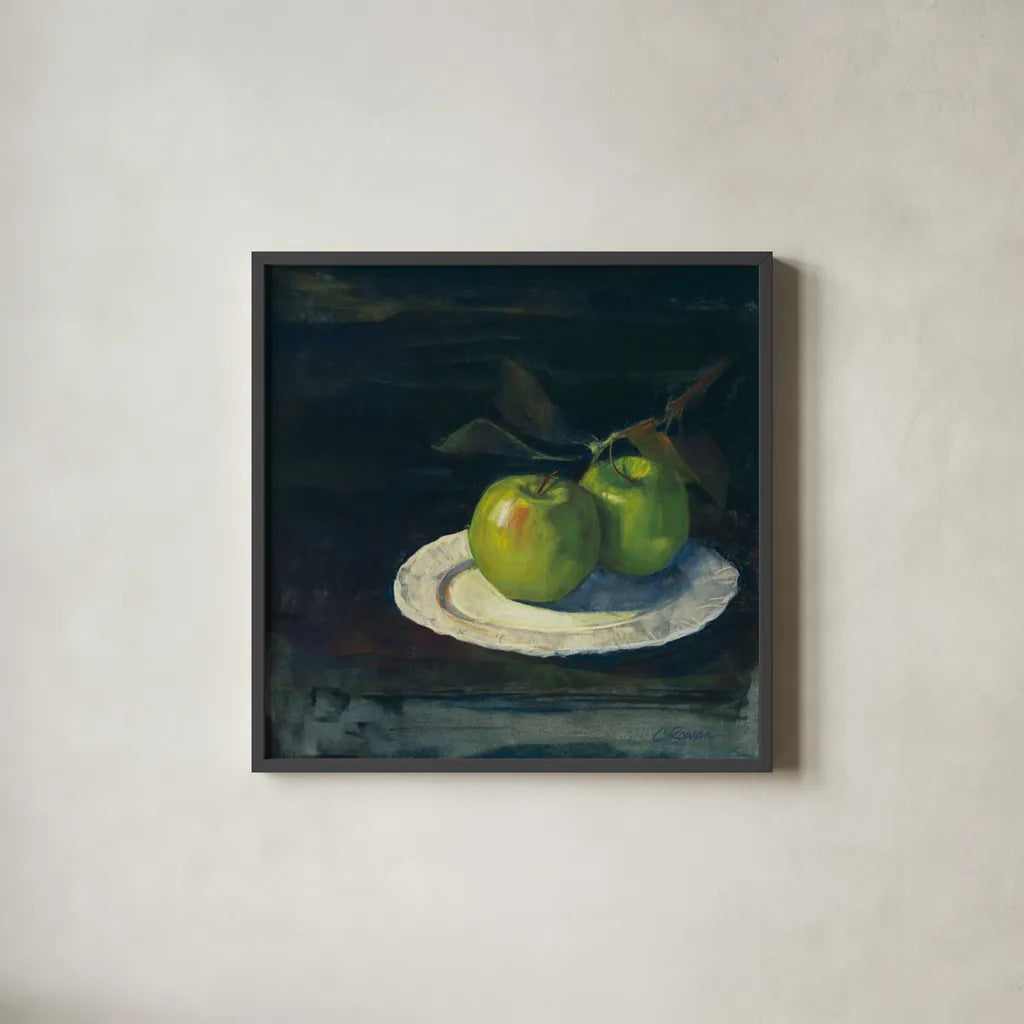 Green Apples I No Border by Carol Rowan. Shown in a sleek black glass frame for a contemporary gallery look. Available as an archival giclee rolled canvas, fine art paper, or poster print. SKU 42418a.