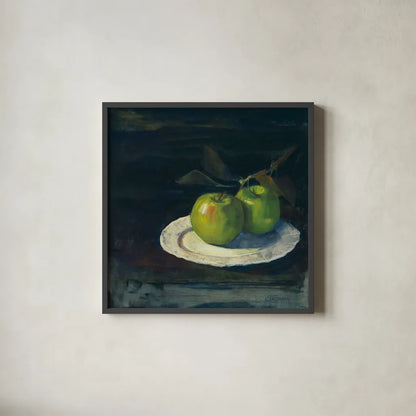 Green Apples I No Border by Carol Rowan. Shown in a sleek black glass frame for a contemporary gallery look. Available as an archival giclee rolled canvas, fine art paper, or poster print. SKU 42418a.