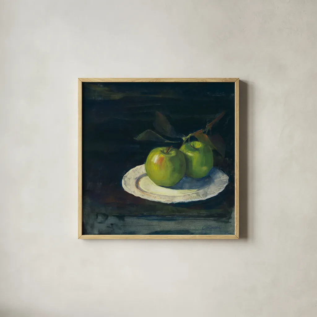 Green Apples I No Border by Carol Rowan. Shown in a natural wood glass frame for a timeless modern aesthetic. Available as an archival giclee rolled canvas, fine art paper, or poster print. SKU 42418a.