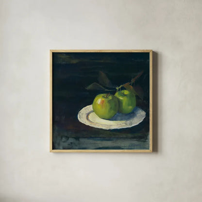 Green Apples I No Border by Carol Rowan. Shown in a natural wood glass frame for a timeless modern aesthetic. Available as an archival giclee rolled canvas, fine art paper, or poster print. SKU 42418a.
