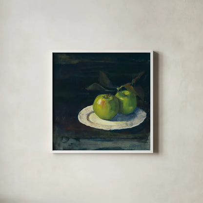 Green Apples I No Border by Carol Rowan. Shown in a crisp white glass frame for a clean and minimalist style. Available as an archival giclee rolled canvas, fine art paper, or poster print. SKU 42418a.