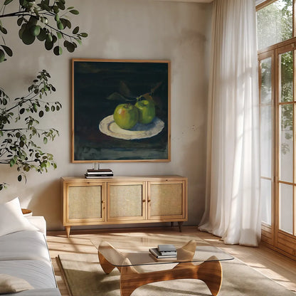 Green Apples I No Border by Carol Rowan. Shown in a natural wood frame in a cozy modern living room. Available as an archival giclee rolled canvas, fine art paper, or poster print. SKU 42418a.