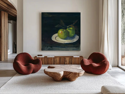 Green Apples I No Border by Carol Rowan. Shown as extra-large giant wall art in a modern living room. Available as an archival giclee rolled canvas, fine art paper, or poster print. SKU 42418a.