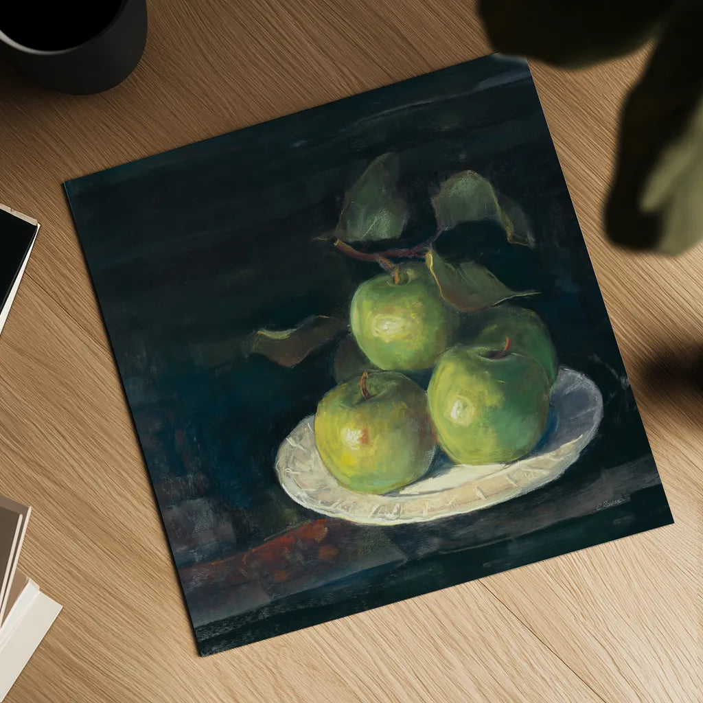 Green Apples II by Carol Rowan. Shown as a detailed flat fine art print, highlighting archival giclee quality. Available as an archival giclee rolled canvas, fine art paper, or poster print. SKU 42419a.