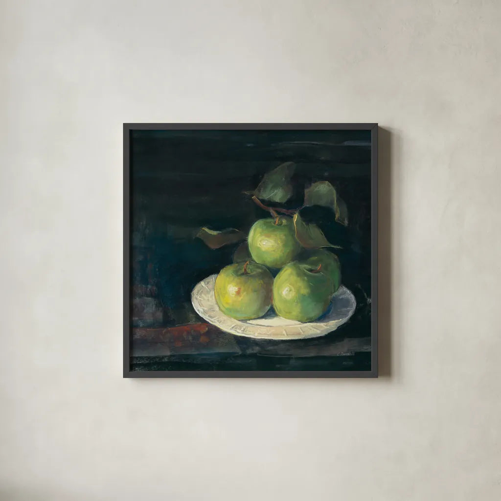 Green Apples II by Carol Rowan. Shown in a sleek black glass frame for a contemporary gallery look. Available as an archival giclee rolled canvas, fine art paper, or poster print. SKU 42419a.