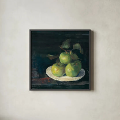 Green Apples II by Carol Rowan. Shown in a sleek black glass frame for a contemporary gallery look. Available as an archival giclee rolled canvas, fine art paper, or poster print. SKU 42419a.