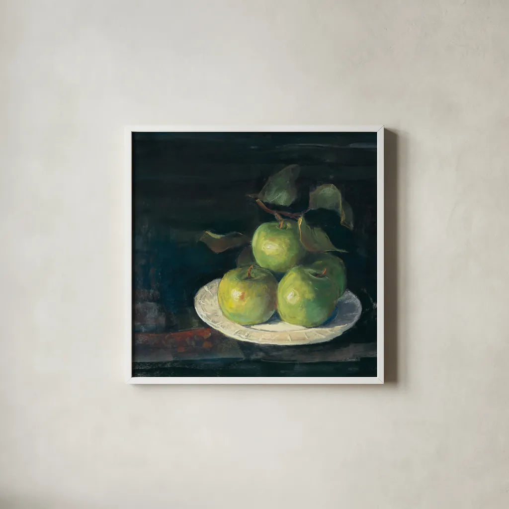 Green Apples II by Carol Rowan. Shown in a crisp white glass frame for a clean and minimalist style. Available as an archival giclee rolled canvas, fine art paper, or poster print. SKU 42419a.