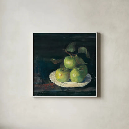 Green Apples II by Carol Rowan. Shown in a crisp white glass frame for a clean and minimalist style. Available as an archival giclee rolled canvas, fine art paper, or poster print. SKU 42419a.