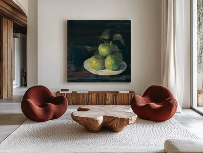 Green Apples II by Carol Rowan. Shown as extra-large giant wall art in a modern living room. Available as an archival giclee rolled canvas, fine art paper, or poster print. SKU 42419a.