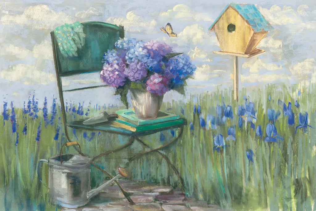 Green Chair with Hydrangea by Carol Rowan. SKU 42299i. Archival Giclee Fine art print for wall decor.