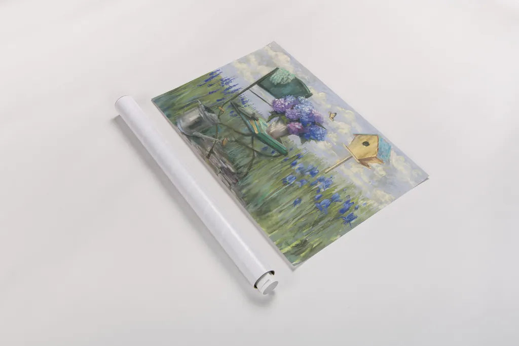 Green Chair with Hydrangea by Carol Rowan. shown as a rolled paper print. Available as archival giclee rolled canvas, fine art paper, or poster print. SKU 42299i.