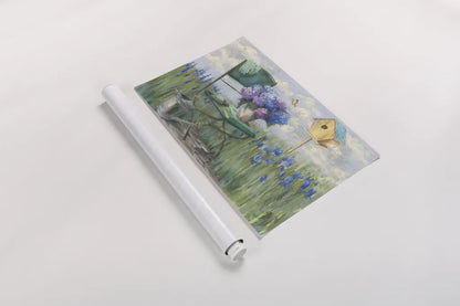 Green Chair with Hydrangea by Carol Rowan. shown as a rolled paper print. Available as archival giclee rolled canvas, fine art paper, or poster print. SKU 42299i.