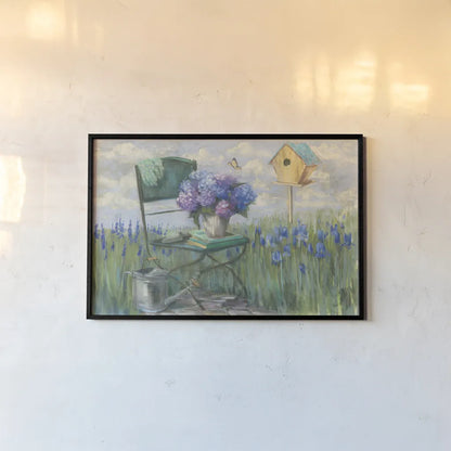 Green Chair with Hydrangea by Carol Rowan. shown as a paper print in a black flame. Available as a archival giclee rolled canvas, fine art paper, or poster print. SKU 42299i.