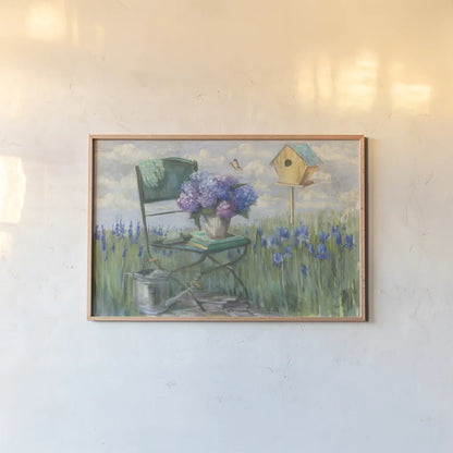 Green Chair with Hydrangea by Carol Rowan. shown as a paper print in a natural frame. Available as a archival giclee rolled canvas, fine art paper, or poster print. SKU 42299i.