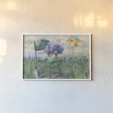 Green Chair with Hydrangea by Carol Rowan. shown as a paper print in a white frame. Available as a archival giclee rolled canvas, fine art paper, or poster print. SKU 42299i.