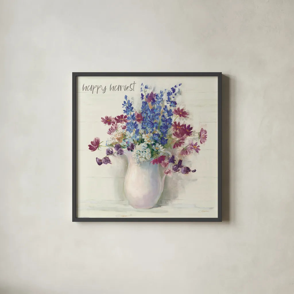 Harvest Ironstone Bouquet II by Carol Rowan. Shown in a sleek black glass frame for a contemporary gallery look. Available as an archival giclee rolled canvas, fine art paper, or poster print. SKU 47828a.