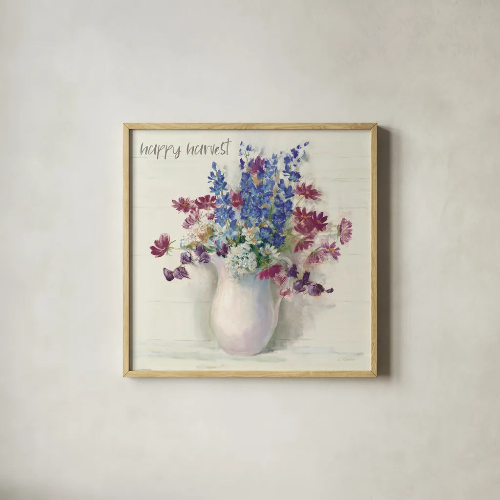 Harvest Ironstone Bouquet II by Carol Rowan. Shown in a natural wood glass frame for a timeless modern aesthetic. Available as an archival giclee rolled canvas, fine art paper, or poster print. SKU 47828a.