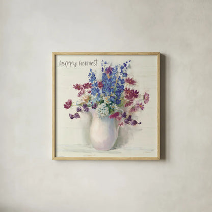 Harvest Ironstone Bouquet II by Carol Rowan. Shown in a natural wood glass frame for a timeless modern aesthetic. Available as an archival giclee rolled canvas, fine art paper, or poster print. SKU 47828a.