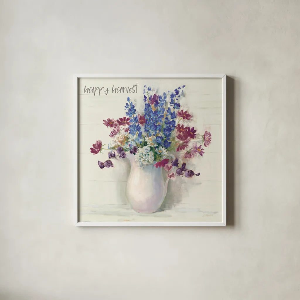 Harvest Ironstone Bouquet II by Carol Rowan. Shown in a crisp white glass frame for a clean and minimalist style. Available as an archival giclee rolled canvas, fine art paper, or poster print. SKU 47828a.