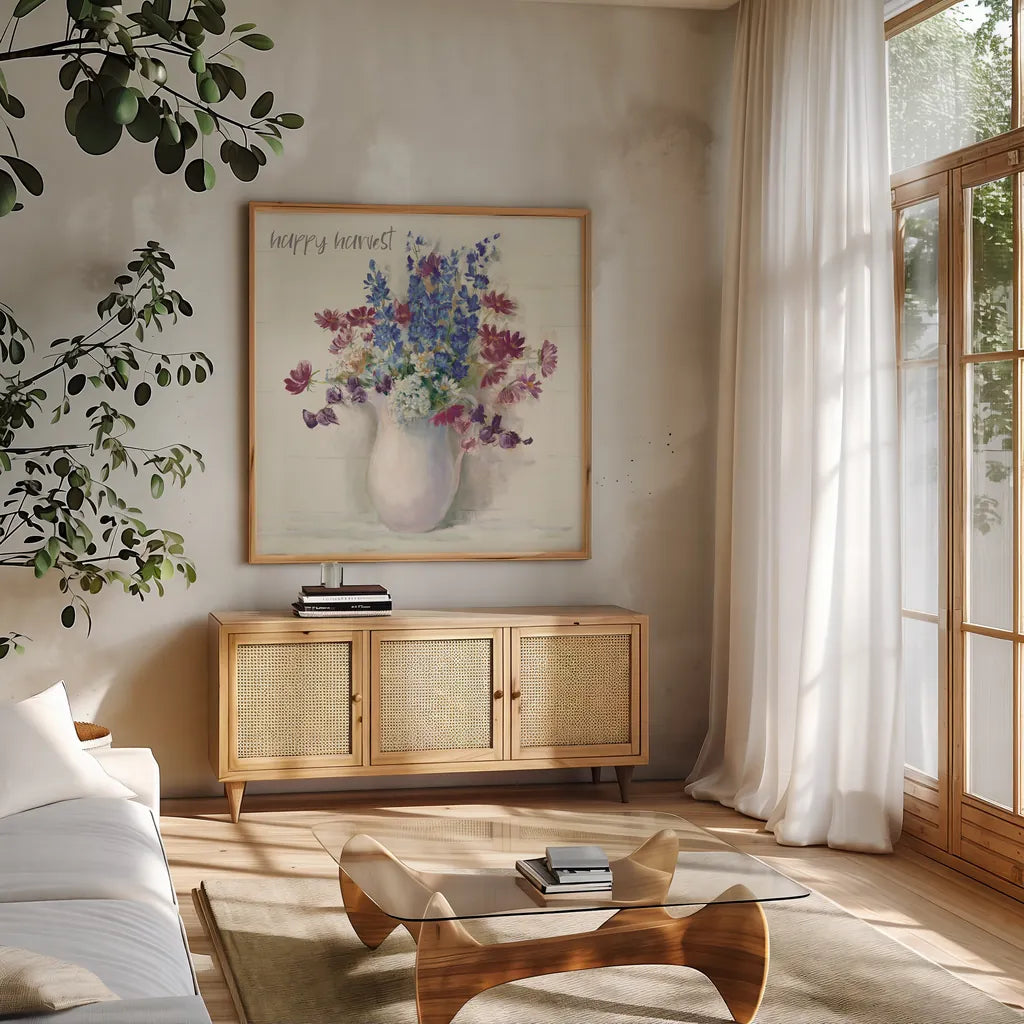 Harvest Ironstone Bouquet II by Carol Rowan. Shown in a natural wood frame in a cozy modern living room. Available as an archival giclee rolled canvas, fine art paper, or poster print. SKU 47828a.