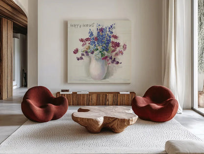 Harvest Ironstone Bouquet II by Carol Rowan. Shown as extra-large giant wall art in a modern living room. Available as an archival giclee rolled canvas, fine art paper, or poster print. SKU 47828a.