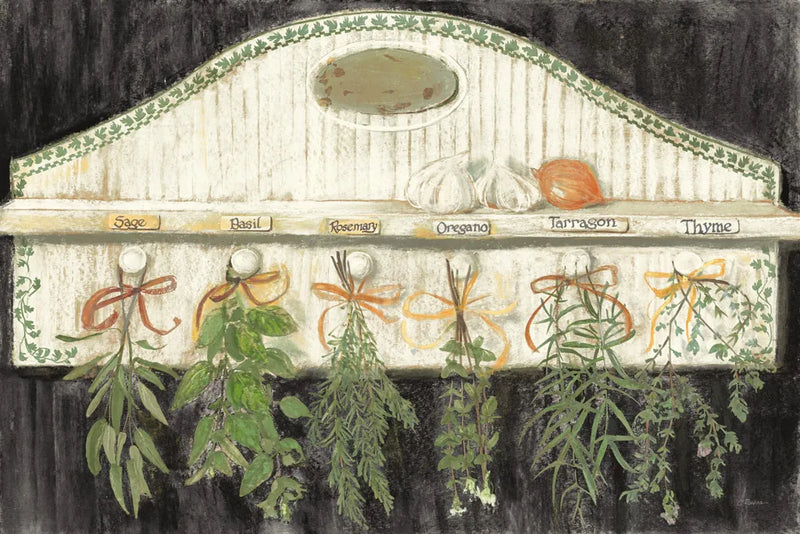 Herbs on Pegs Black by Carol Rowan. SKU 50544i. Archival Giclee Fine art print for wall decor.