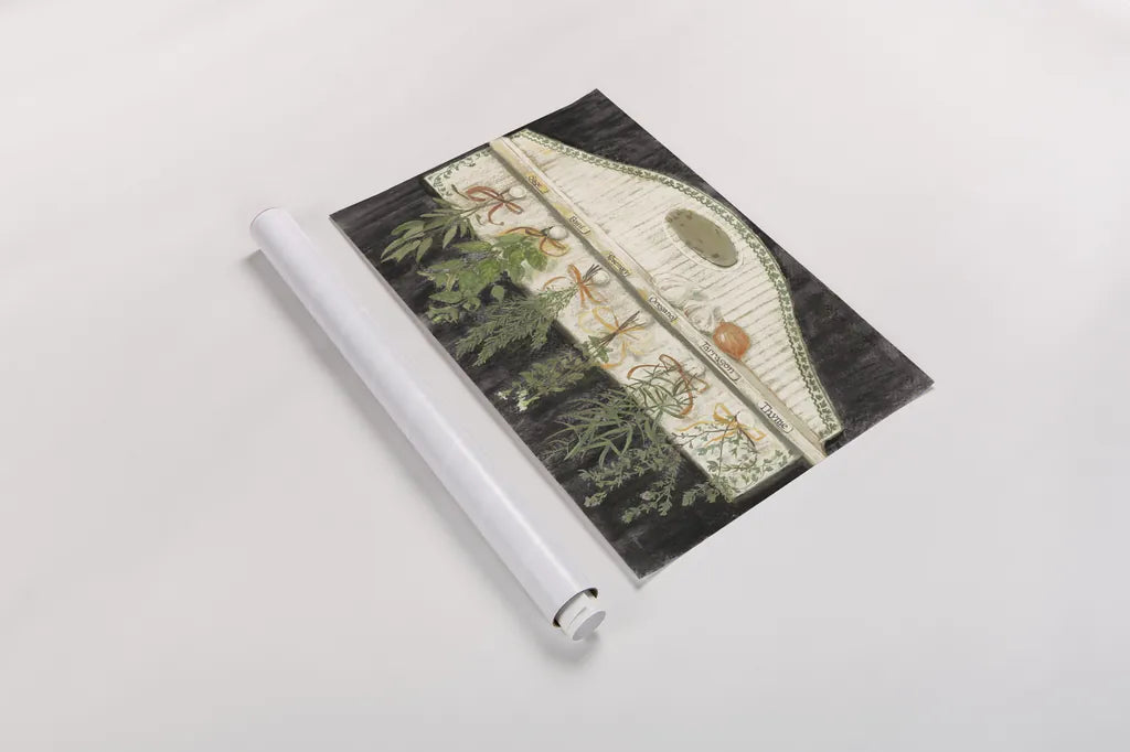 Herbs on Pegs Black by Carol Rowan. shown as a rolled paper print. Available as archival giclee rolled canvas, fine art paper, or poster print. SKU 50544i.