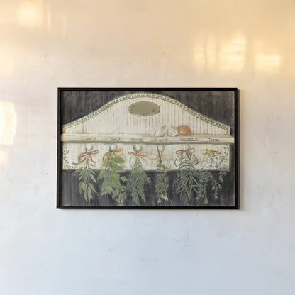 Herbs on Pegs Black by Carol Rowan. shown as a paper print in a black flame. Available as a archival giclee rolled canvas, fine art paper, or poster print. SKU 50544i.