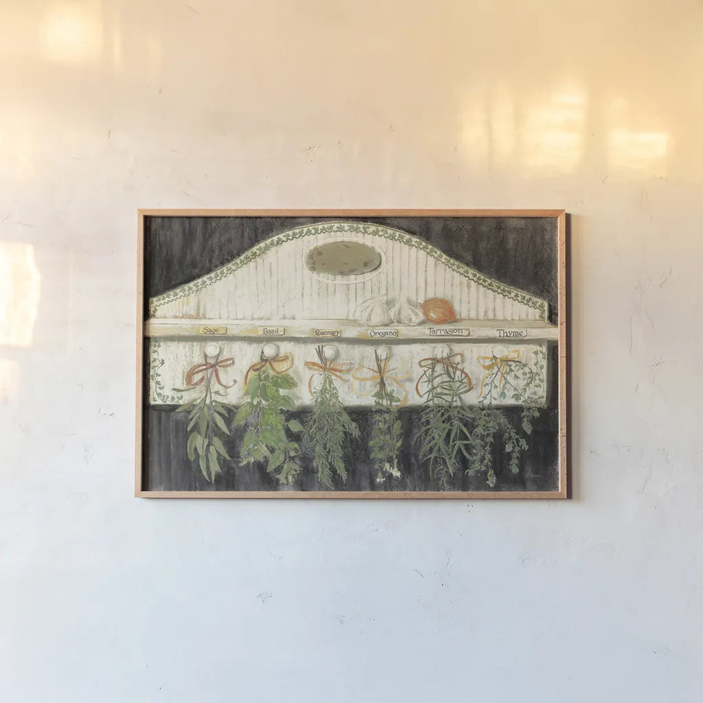 Herbs on Pegs Black by Carol Rowan. shown as a paper print in a natural frame. Available as a archival giclee rolled canvas, fine art paper, or poster print. SKU 50544i.
